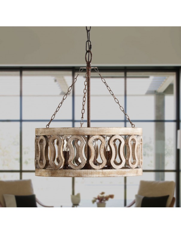 Oaks Aura Farmhouse 3-Light Drum Shade Wood Chandelier