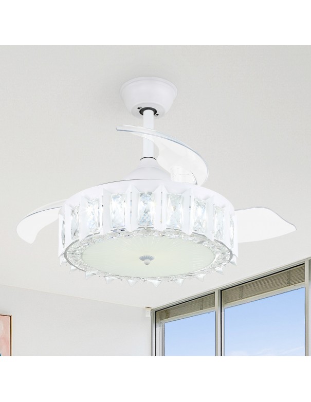 Oaks Aura 36in. Invisible Drum Glam Crystal Ceiling Fan with Retractable Blades Chandelier