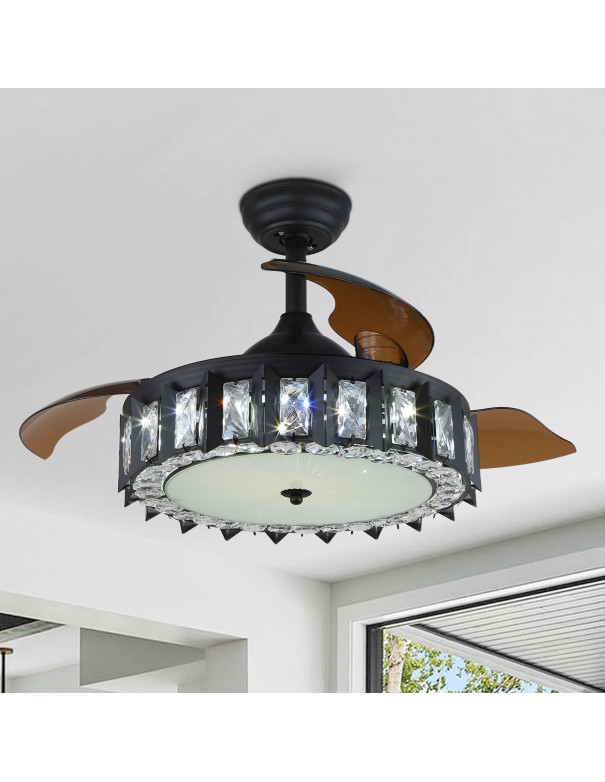 Oaks Aura 36in. Invisible Drum Glam Crystal Ceiling Fan with Retractable Blades Chandelier