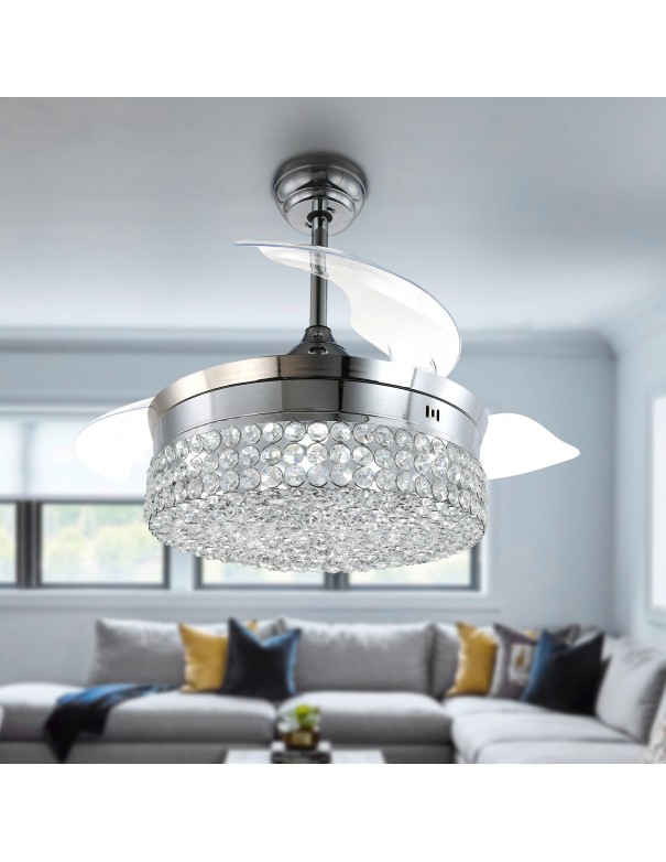 Oaks Aura 42in.Glam Invisible Crystal Ceiling Fan with Retractable Blades Remote Control Chandelier