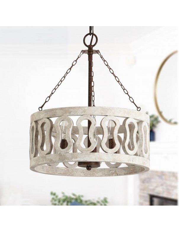 Oaks Aura Farmhouse 3-Light Drum Shade Wood Chandelier