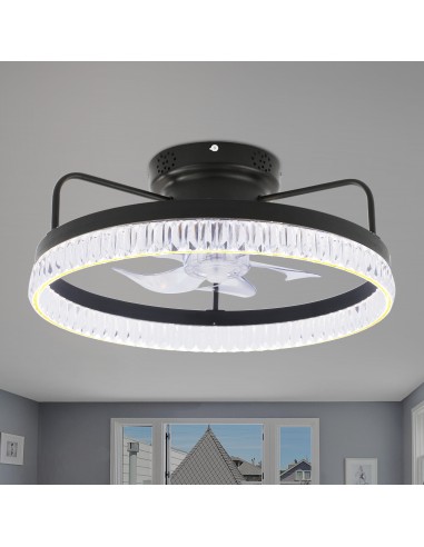 Oaks Aura Modern Bladeless Smart  App Control Low Profile Crystal Ceiling Fan Flush Mount Dimmable Lighting For Bedroom