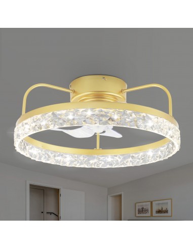 Oaks Aura Modern Bladeless Smart  App Control Low Profile Crystal Ceiling Fan Flush Mount Dimmable Lighting For Bedroom