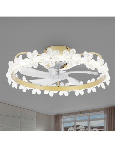 Oaks Aura 28in. LED Modern Bladeless Smart  App Control Low Profile Daisy Glam Crystal Ceiling Fan Flush Mount Dimmable Lighting