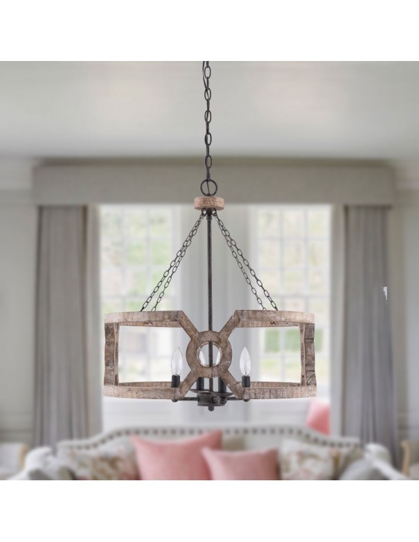 Oaks Aura Modern Farmhouse 4-light Drum Shade Wooden Chandelier