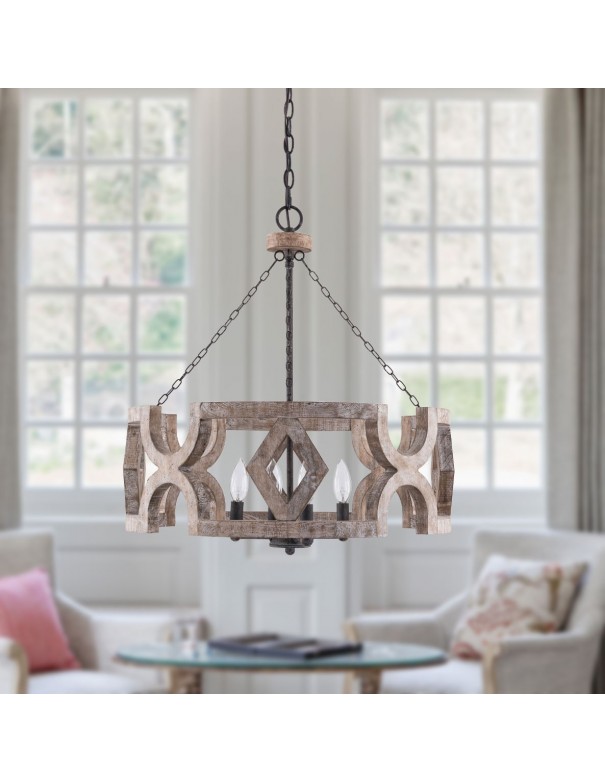 Oaks Aura Modern Farmhouse 4-light Drum Shade Wooden Chandelier