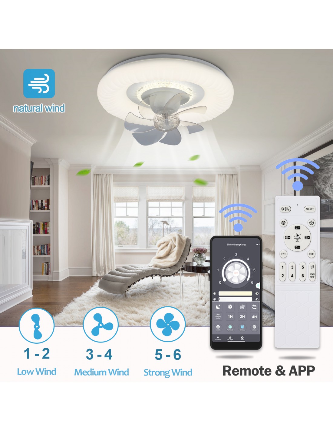 Oaks Aura DC2005 20in.LED Smart App Remote Control Ceiling Fans with Lights, Low Profile DC Motor Flush Mount Ceiling Fan for Bedroom