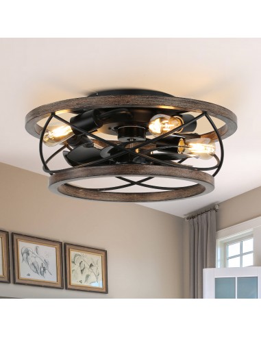 4-Light Farmhouse Drum Solid Wood Flush Mount Ceiling Fan with Lights