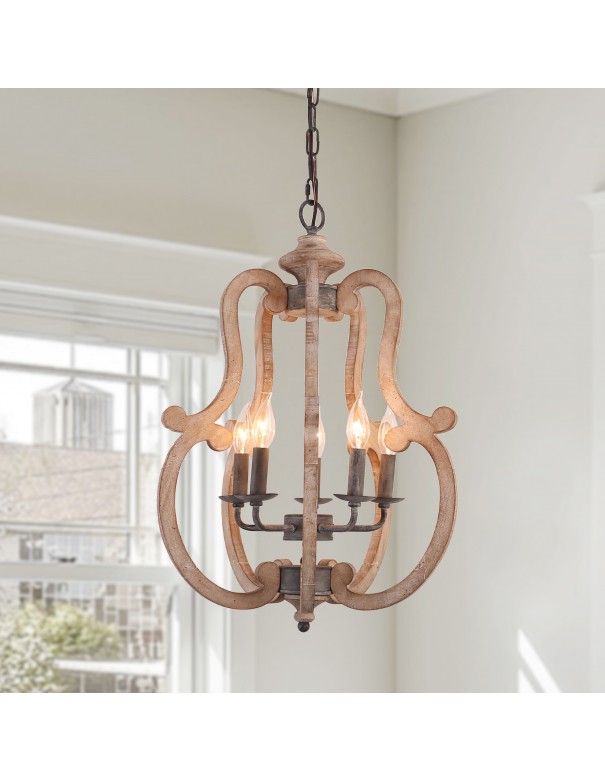 Oaks AuraFrench country Farmhouse Rustic 5-Light Candle Wooden Chandelier