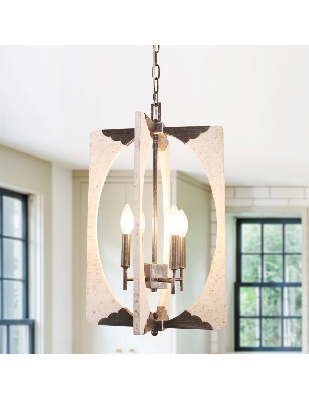 Oaks Aura Farmhouse 4-Light Distressed Wood Carved Lantern Chandelier