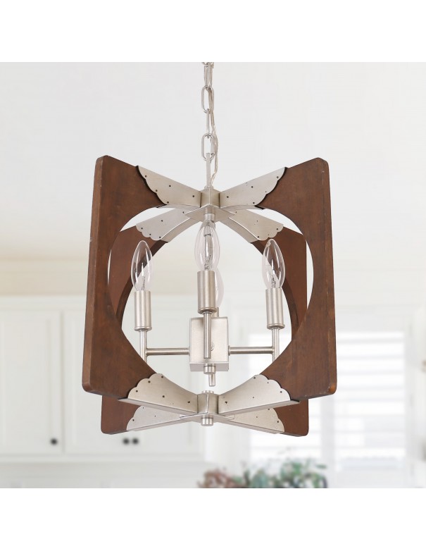 Oaks Aura Farmhouse Rustic 4-Light Candle Wooden Chandelier D16.1"x H15"