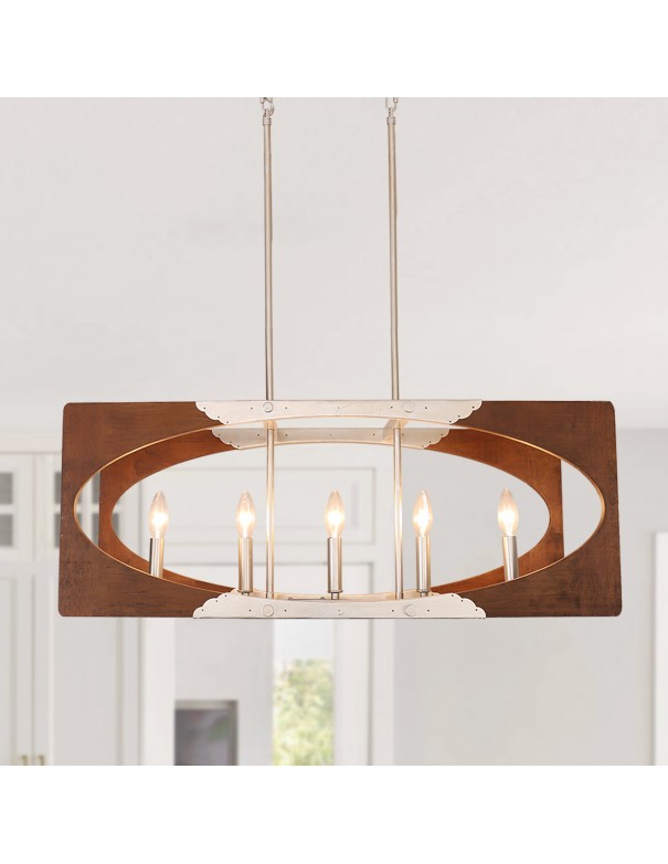 Oaks Aura Modern Farmhouse 5-Light Wood Kitchen Island Light, Cage Linear Chandelier