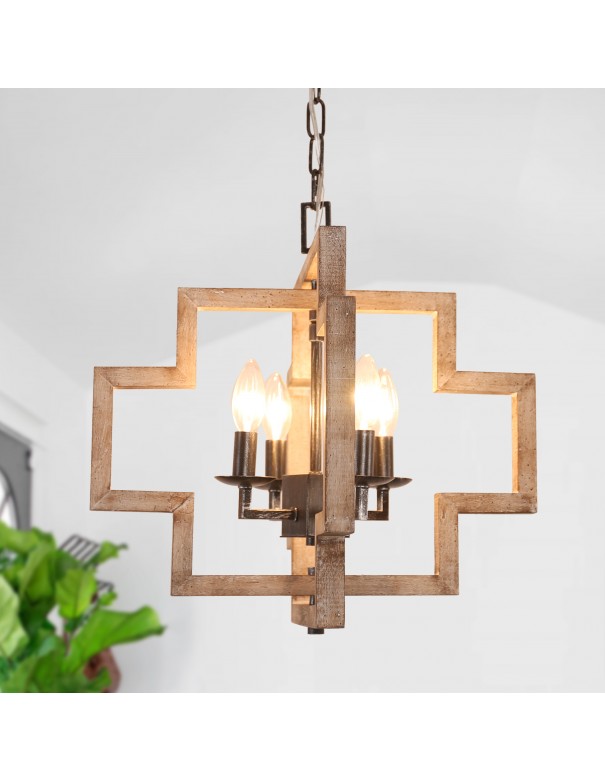 Oaks Aura Modern Farmhouse Lantern 4-Light Frame Wood Chandelier