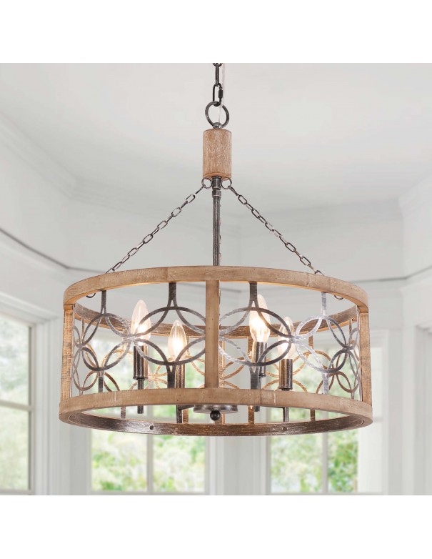 Oaks Aura 4-Light French Country Drum Ceiling Light Farmhouse Wood Chandelier